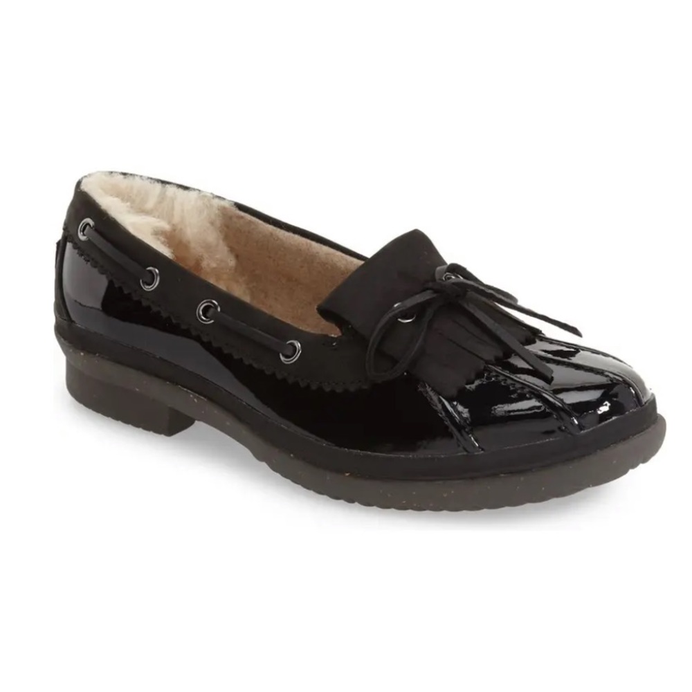 UGG Women's Black Patent Leather winter Loafers with Shearling Lining
